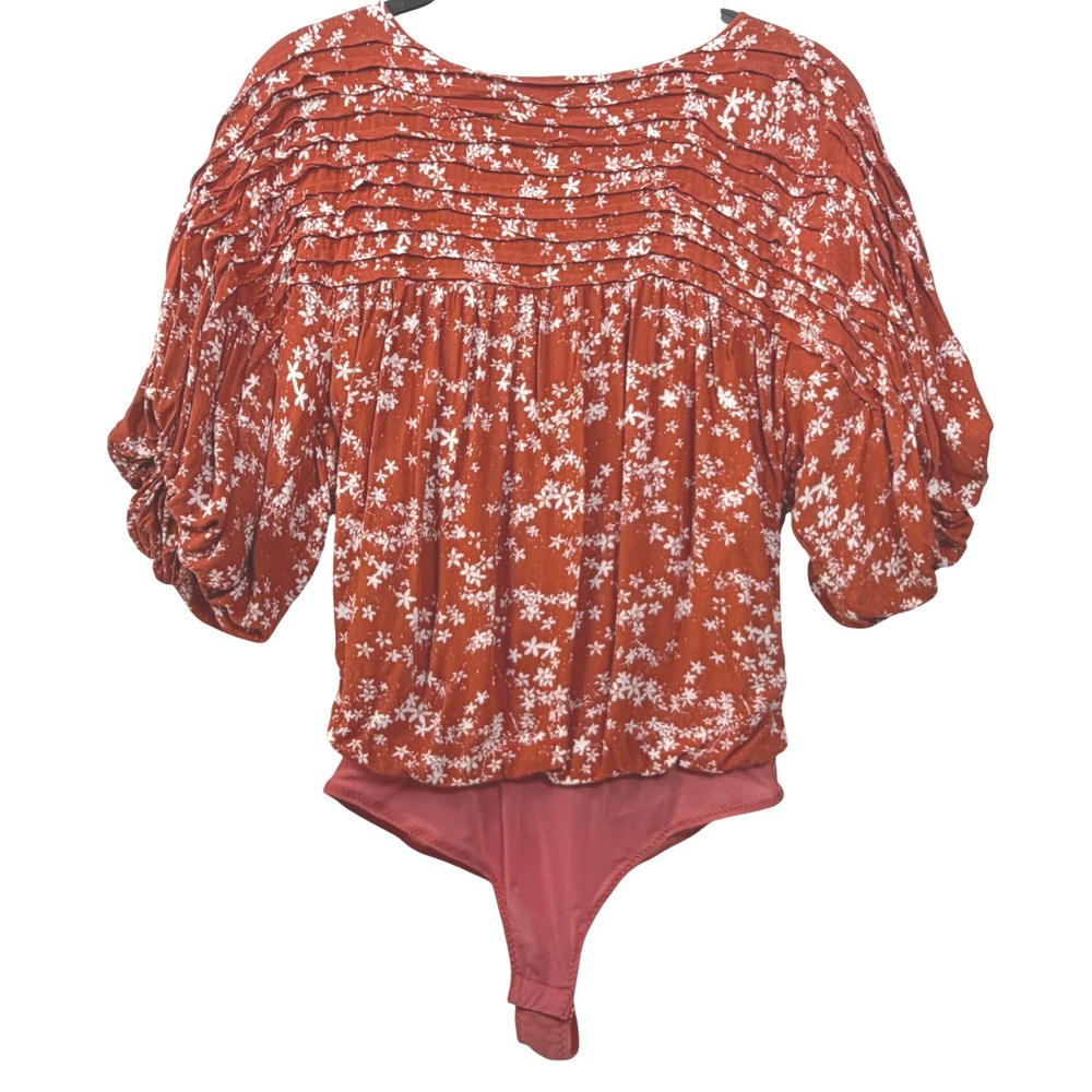 Free People Intimately Floral Pintuck Bodysuit Puff Sleeve‎ Open Back Rust XS